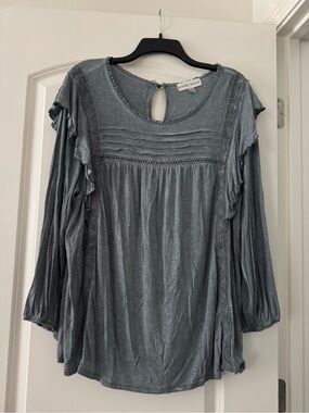 Knox Rose Slate Blue Ruffle Pintuck Crochet Long-Sleeve Tunic